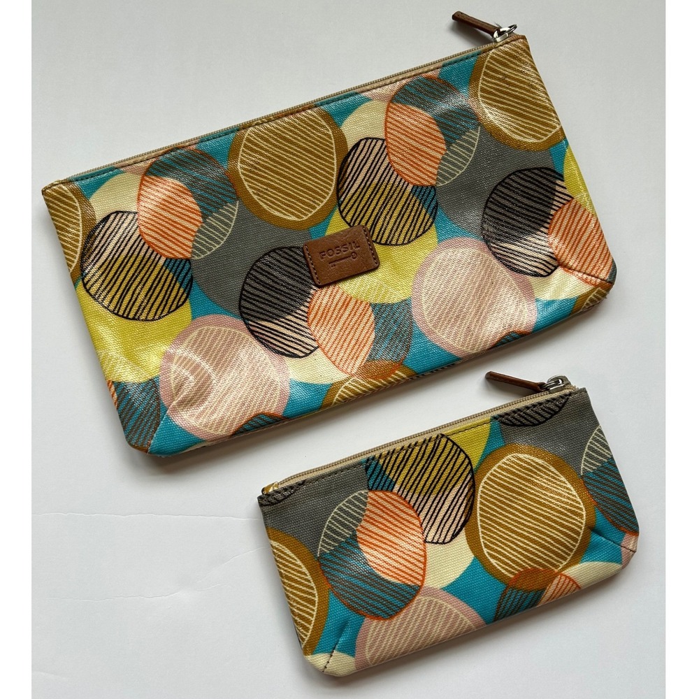Fossil Key-Per Coated Canvas Zipper Pouch Set 2pc Multicolor Geometric Circles
